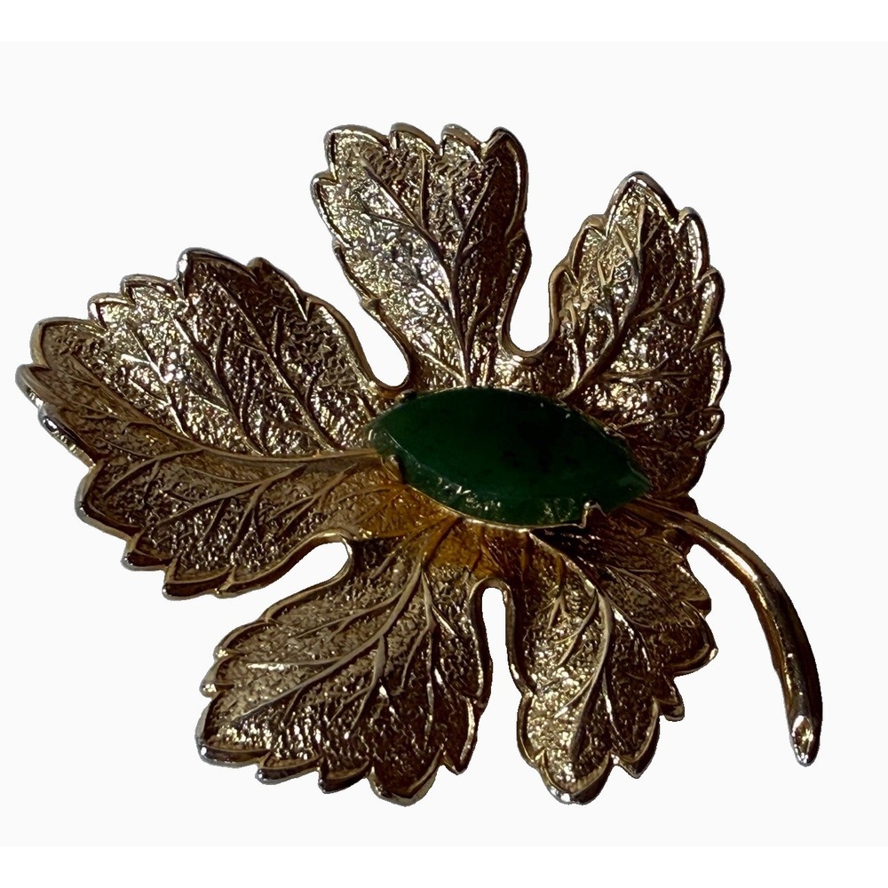 Vintage Genuine Green Nephrite Jade Leaf Brooch Pin Gold Tone Textured 1960s